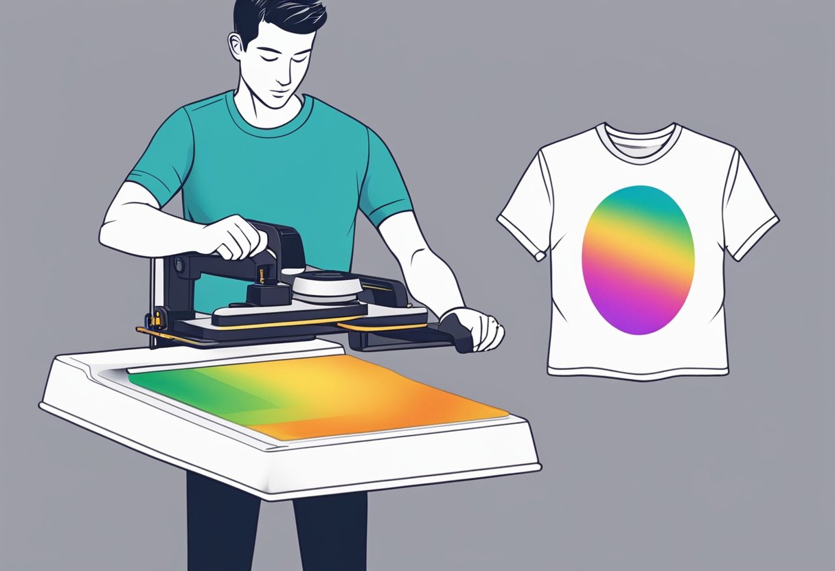 A person using a heat press to transfer a colorful design onto a white t-shirt