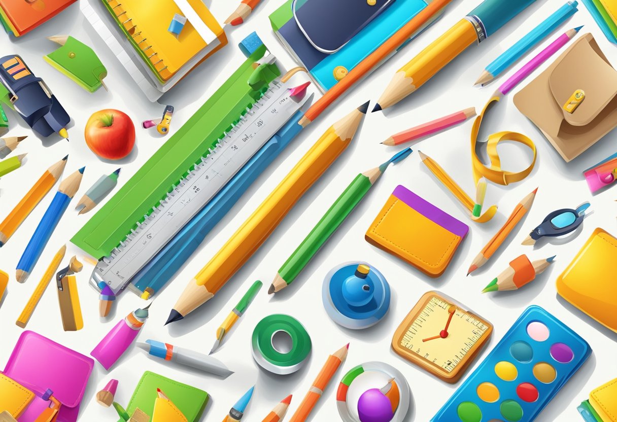 A group of colorful school supplies arranged in a playful and inviting manner, with a prominent "back to school" theme