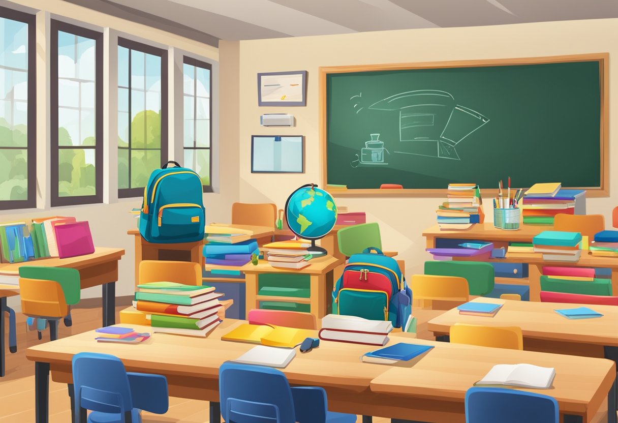 A classroom with colorful school supplies, backpacks, and books arranged neatly on desks, with a chalkboard in the background displaying "Back-to-School Campaign."