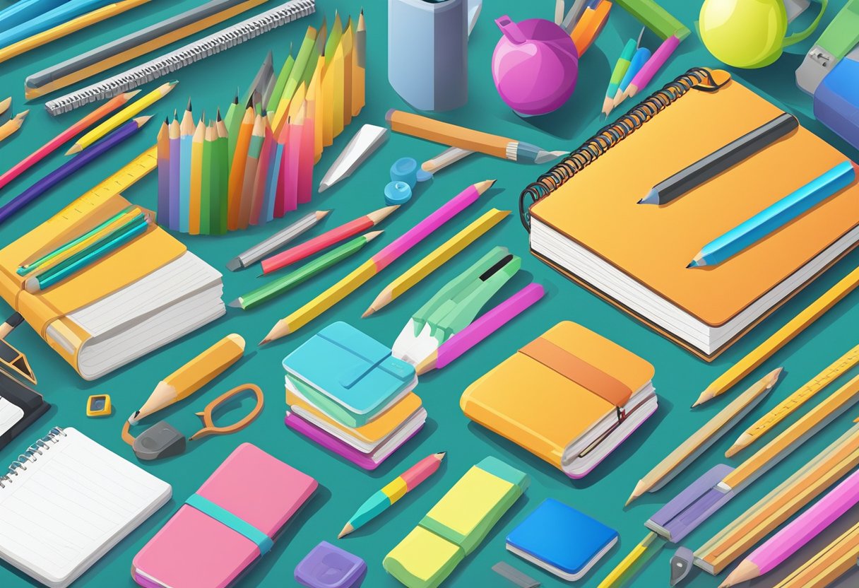 A group of diverse school supplies arranged on a colorful background, including notebooks, pencils, backpacks, and rulers