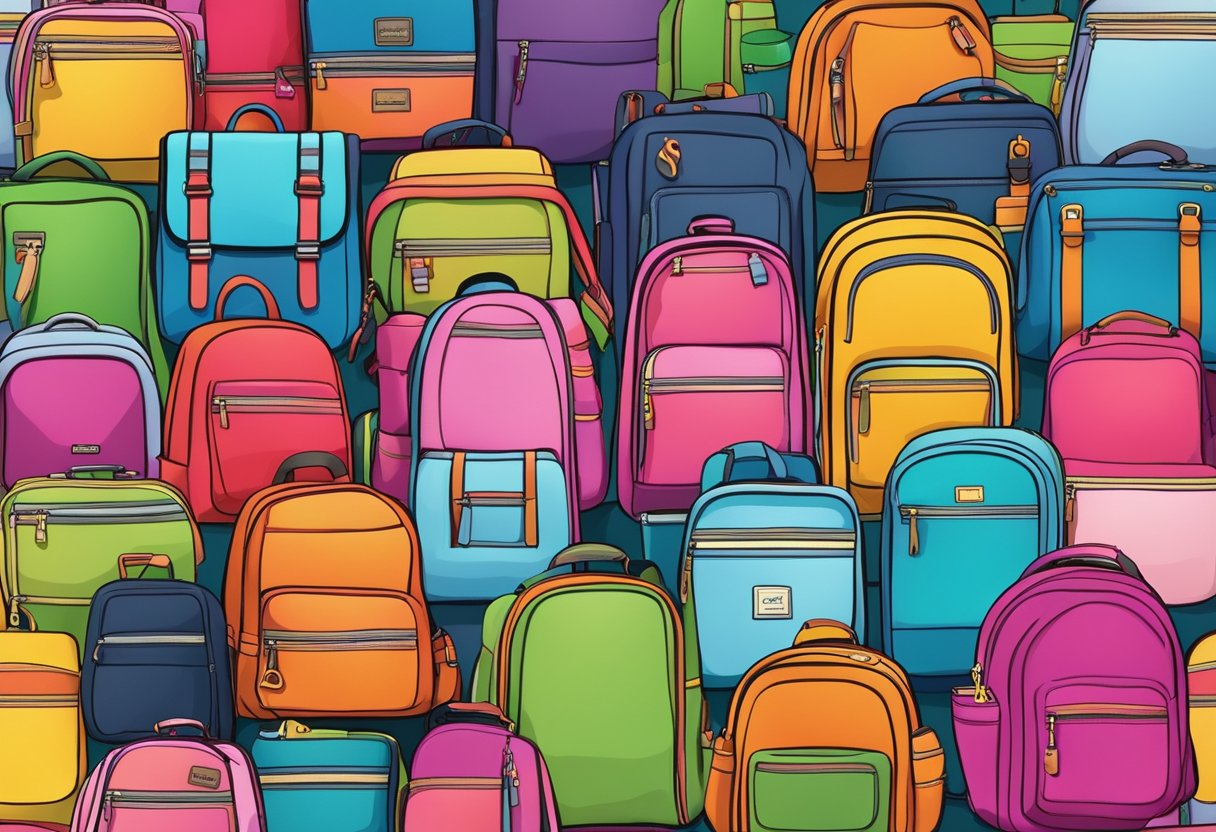 A colorful array of backpacks, notebooks, pens, and lunchboxes displayed on a vibrant backdrop