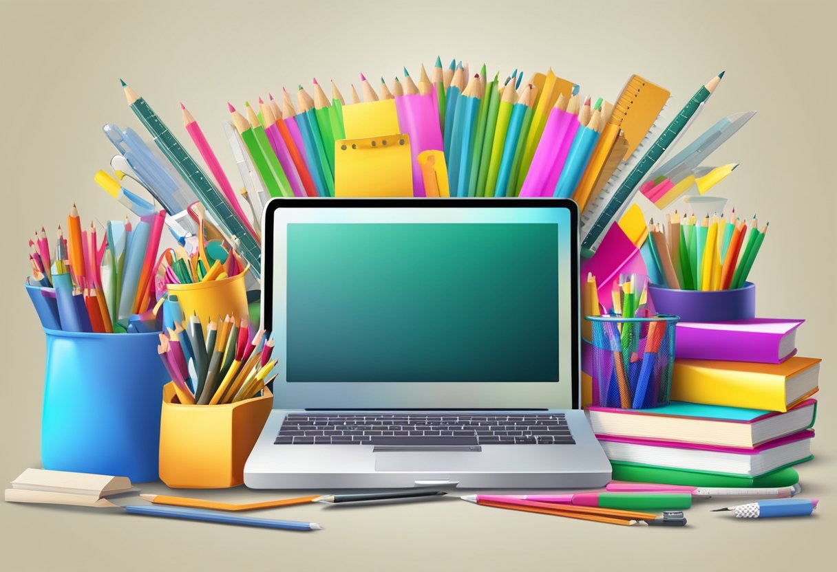 A colorful display of school supplies with sale tags and discount signs