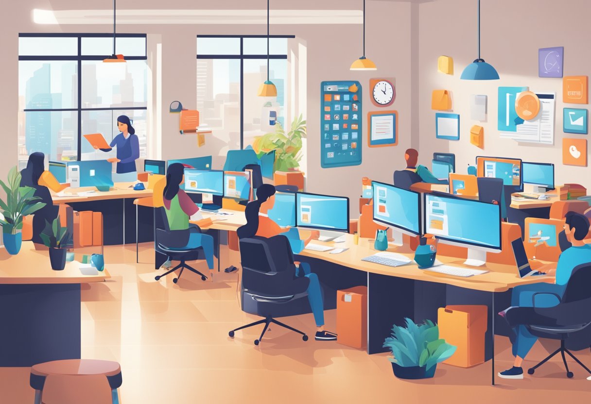 A bustling digital marketing office with staff creating back-to-school campaigns across various channels. Screens show social media, email, and website promotions