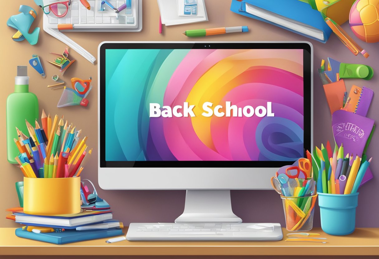 A colorful array of school supplies and clothing displayed on a computer screen, with a "Back-to-School" banner and promotional graphics