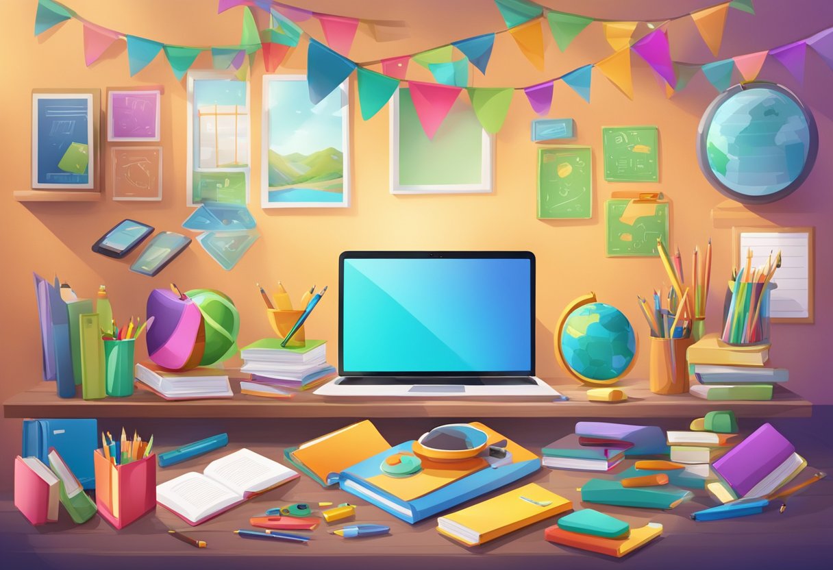 A colorful classroom scene with school supplies, books, and interactive digital devices for back-to-school campaigns