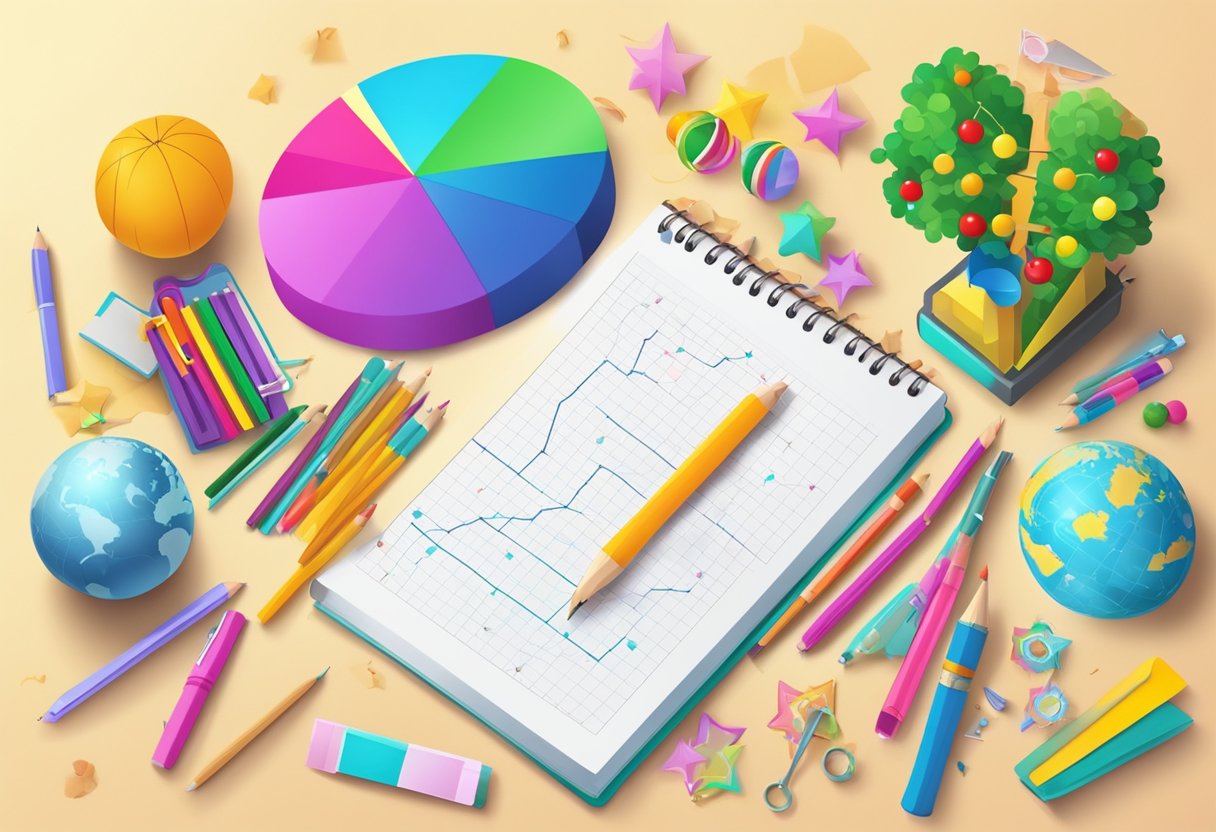 A colorful graph showing an upward trend, surrounded by school supplies and seasonal decorations