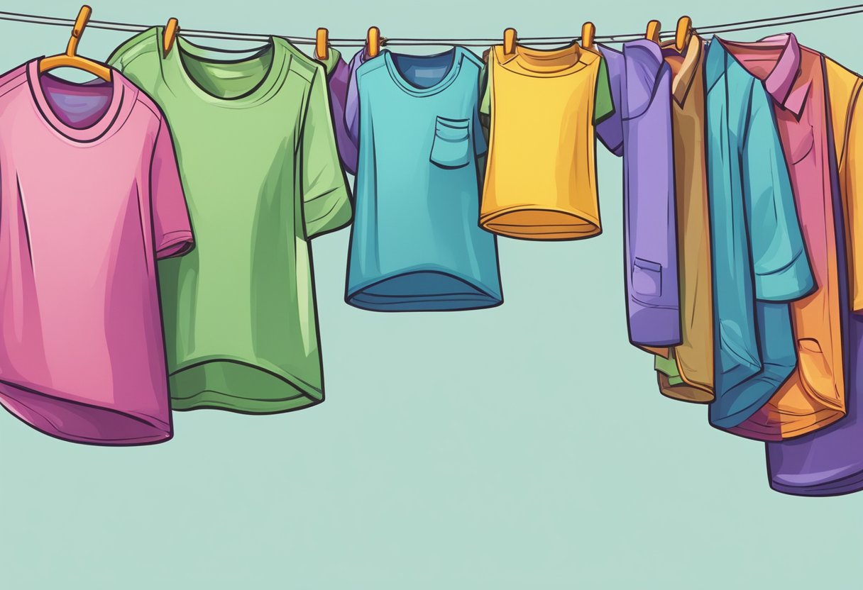 A colorful array of shirts hanging on a clothesline, with a motherly theme