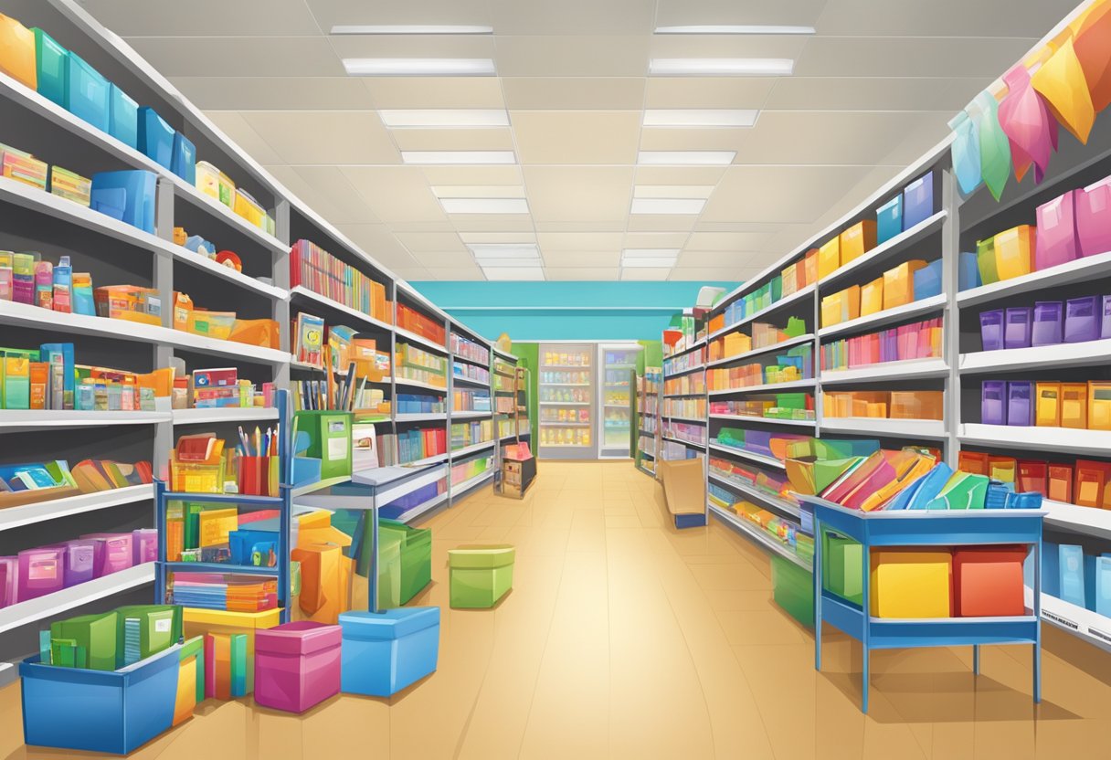 A busy school supply aisle with colorful displays and promotional signage