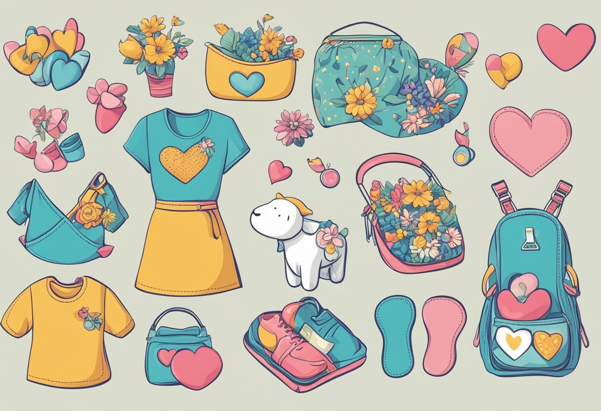 A collection of colorful and playful t-shirt designs featuring various symbols and images associated with motherhood, such as hearts, flowers, and baby items