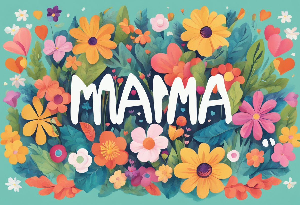 A colorful array of flowers and hearts surrounding the word "Mama" in bold, playful lettering