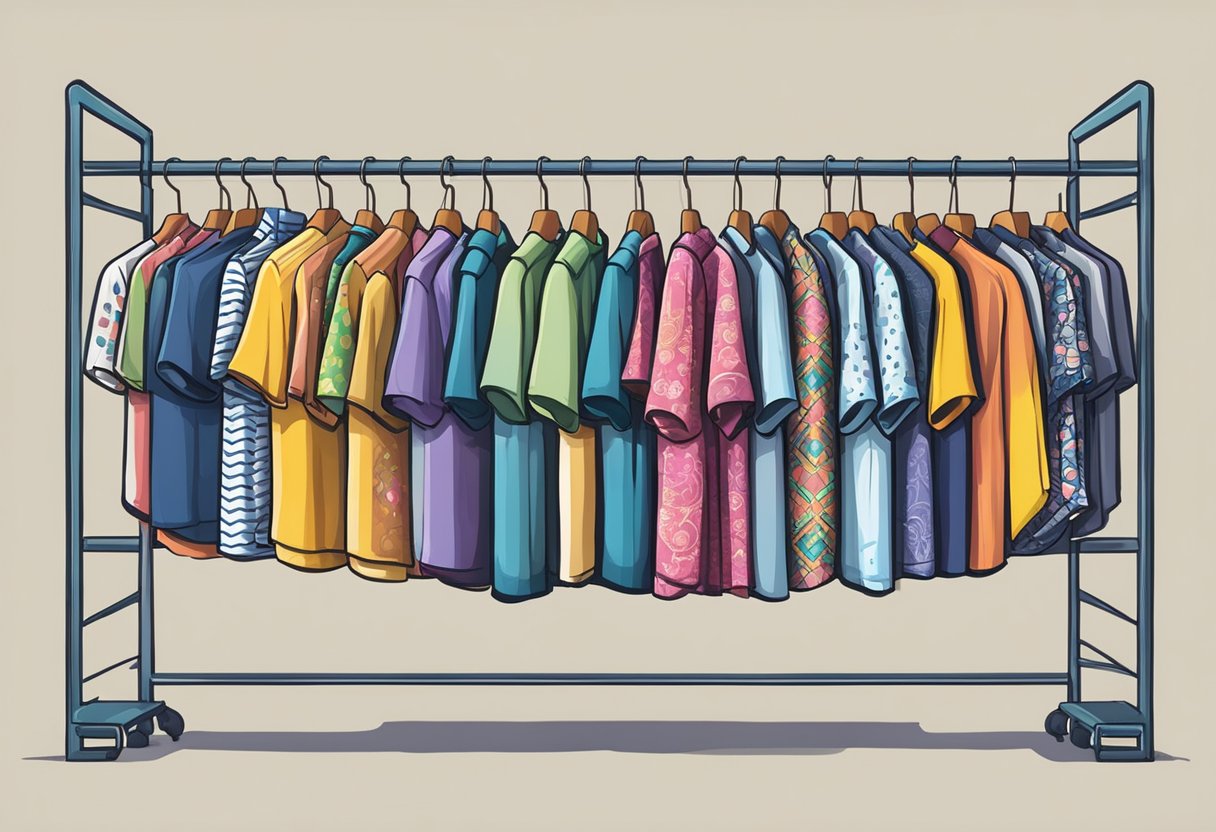 A collection of colorful mama shirts with unique designs and patterns displayed on a clothing rack