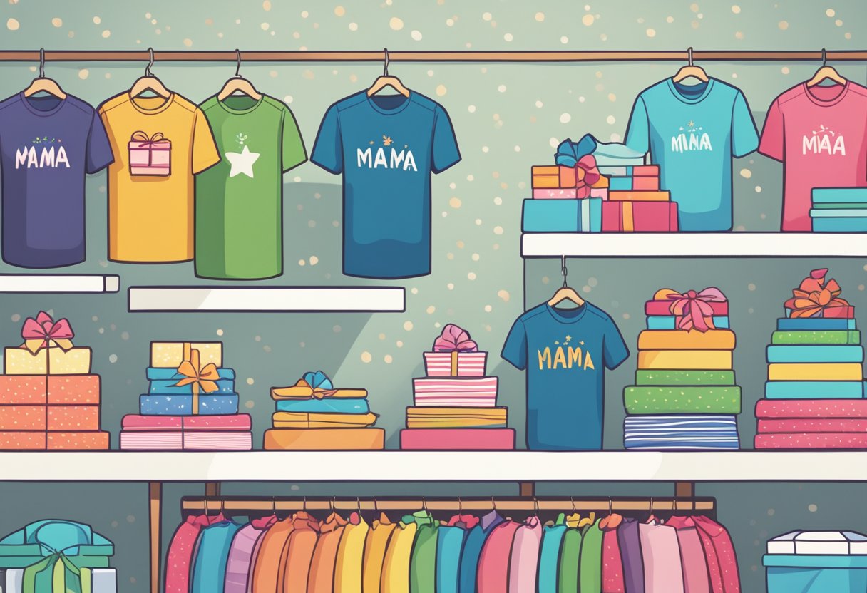 A colorful array of mama-themed shirts displayed on a shelf with festive gift wrapping and ribbons in the background