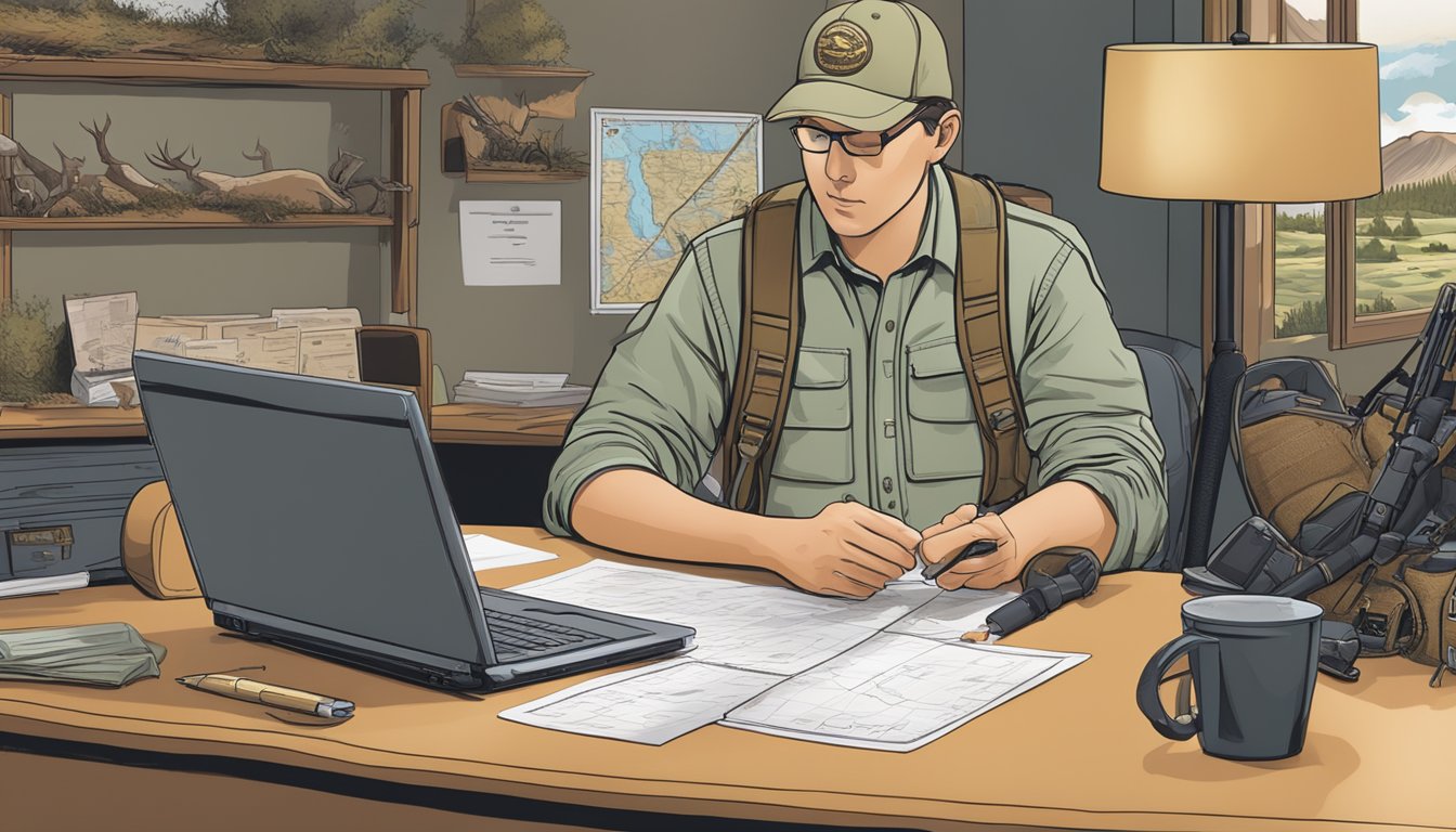 A person filling out a hunting license application at a desk with a computer, surrounded by hunting gear and a map of Utah on the wall