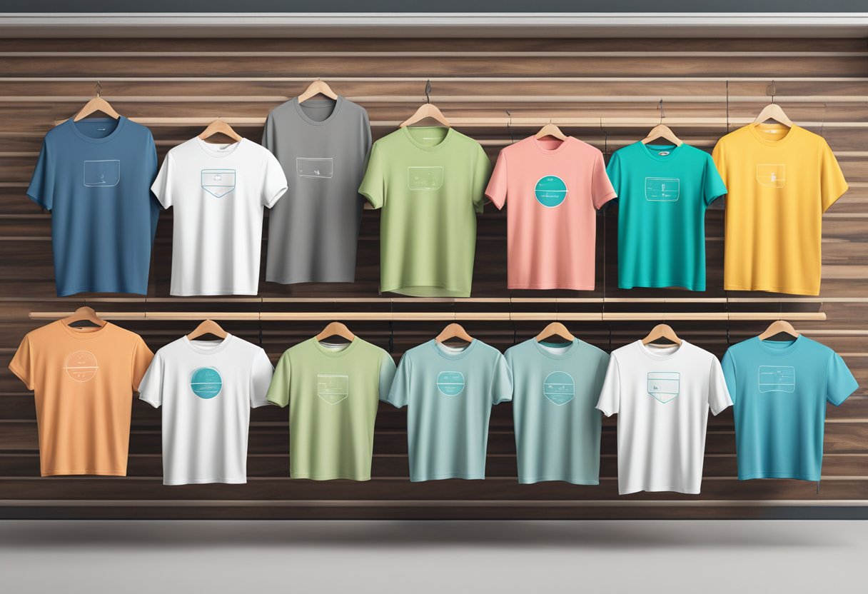 A neatly organized size chart display with Bella Canvas 3001 t-shirts in various sizes and colors