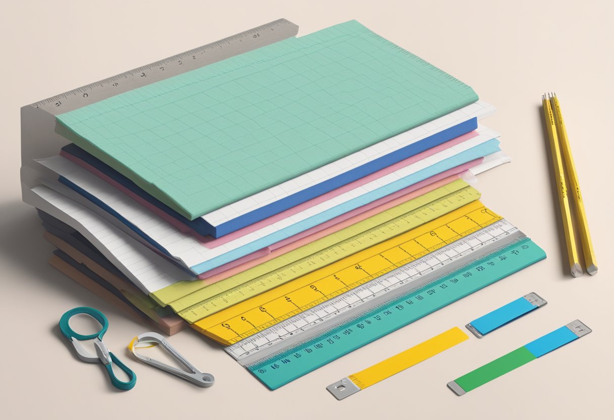 A stack of Bella Canvas 3001 size charts arranged neatly on a table, with a ruler and measuring tape nearby for accuracy