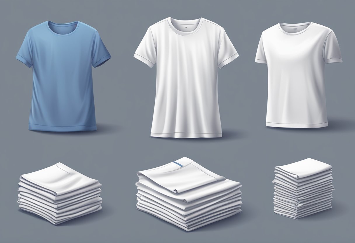 A stack of folded t-shirts in various sizes, surrounded by a ruler and measuring tape