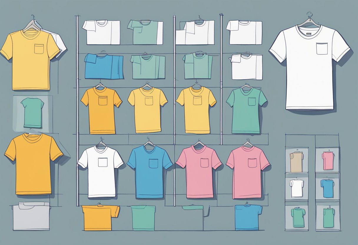 A neatly folded stack of Bella Canvas 3001 t-shirts, with a size chart displayed nearby