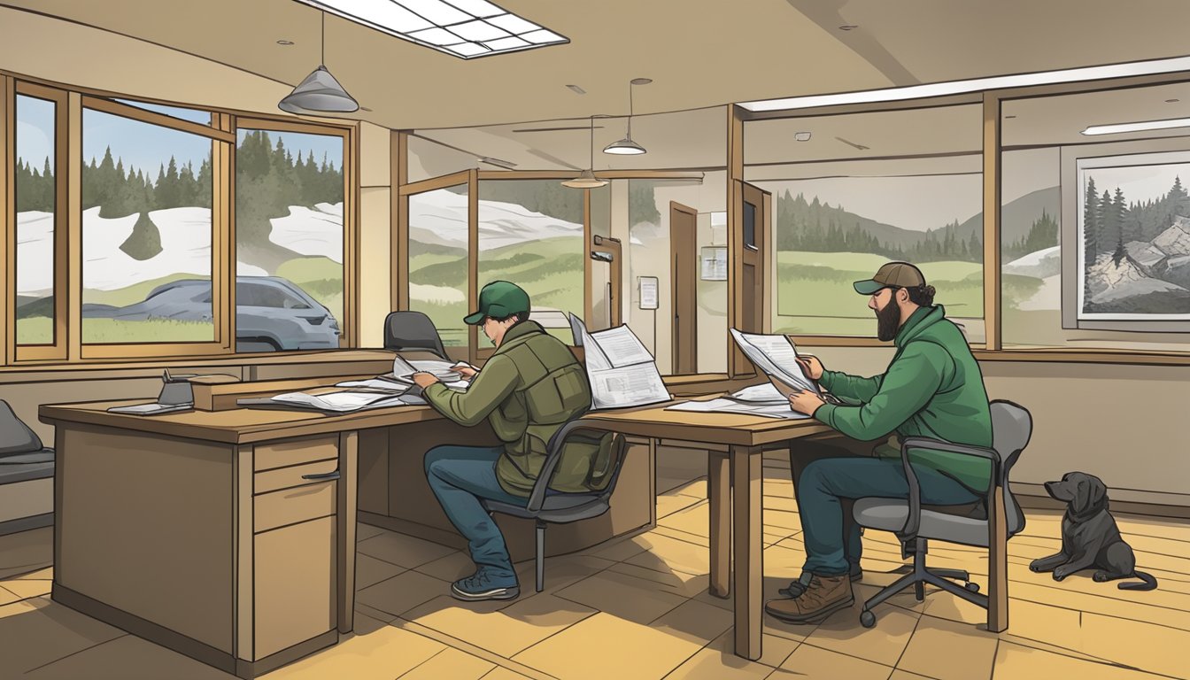 A hunter filling out a hunting license application at a Washington state wildlife office, while a staff member provides guidance and assistance