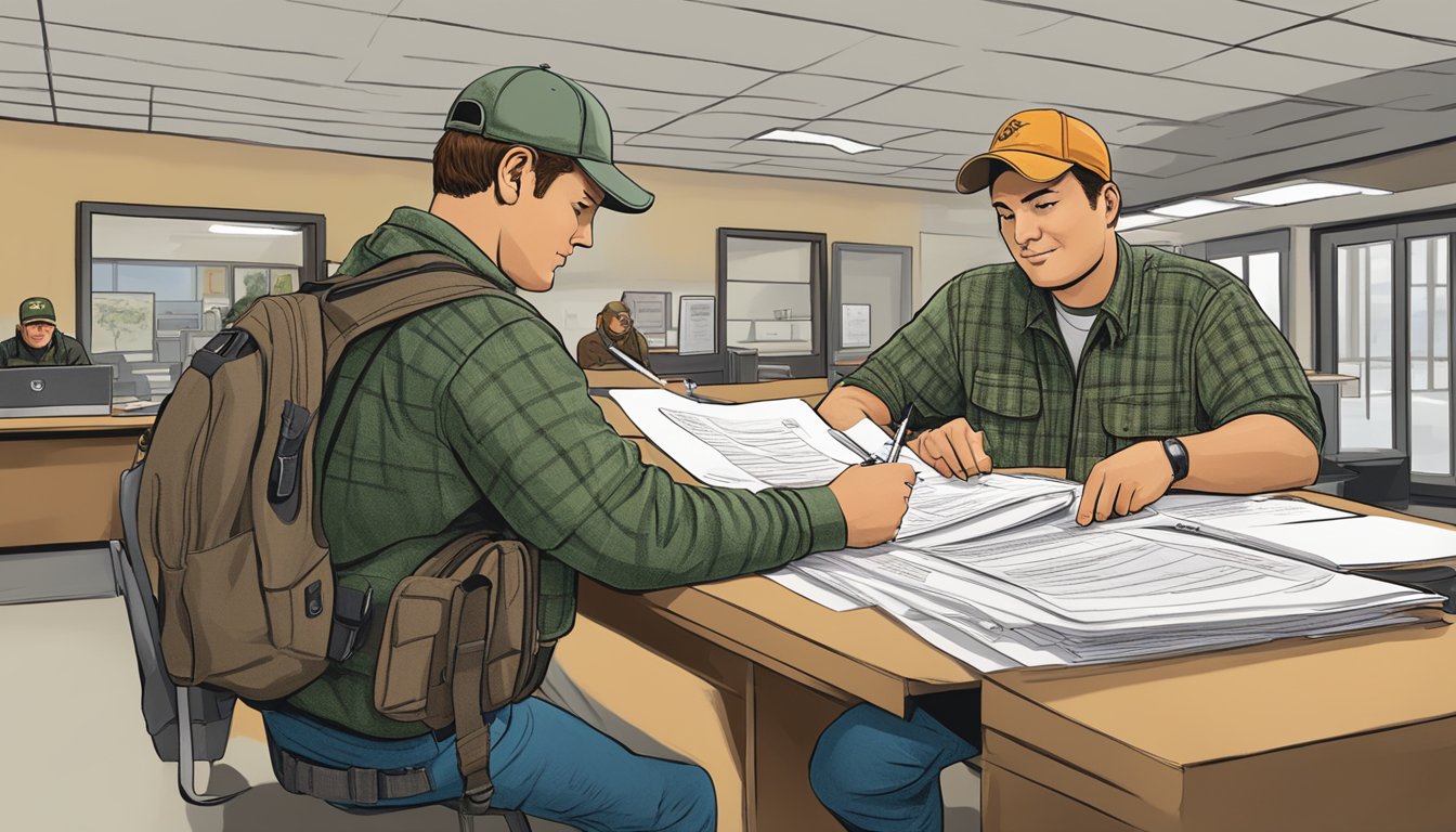 A hunter filling out a hunting license application at a Washington Department of Fish and Wildlife office