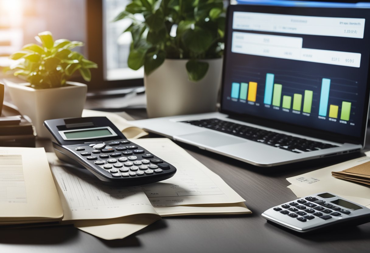 A desk with a laptop, calculator, and financial documents. A stack of books on investing. A plant in the background