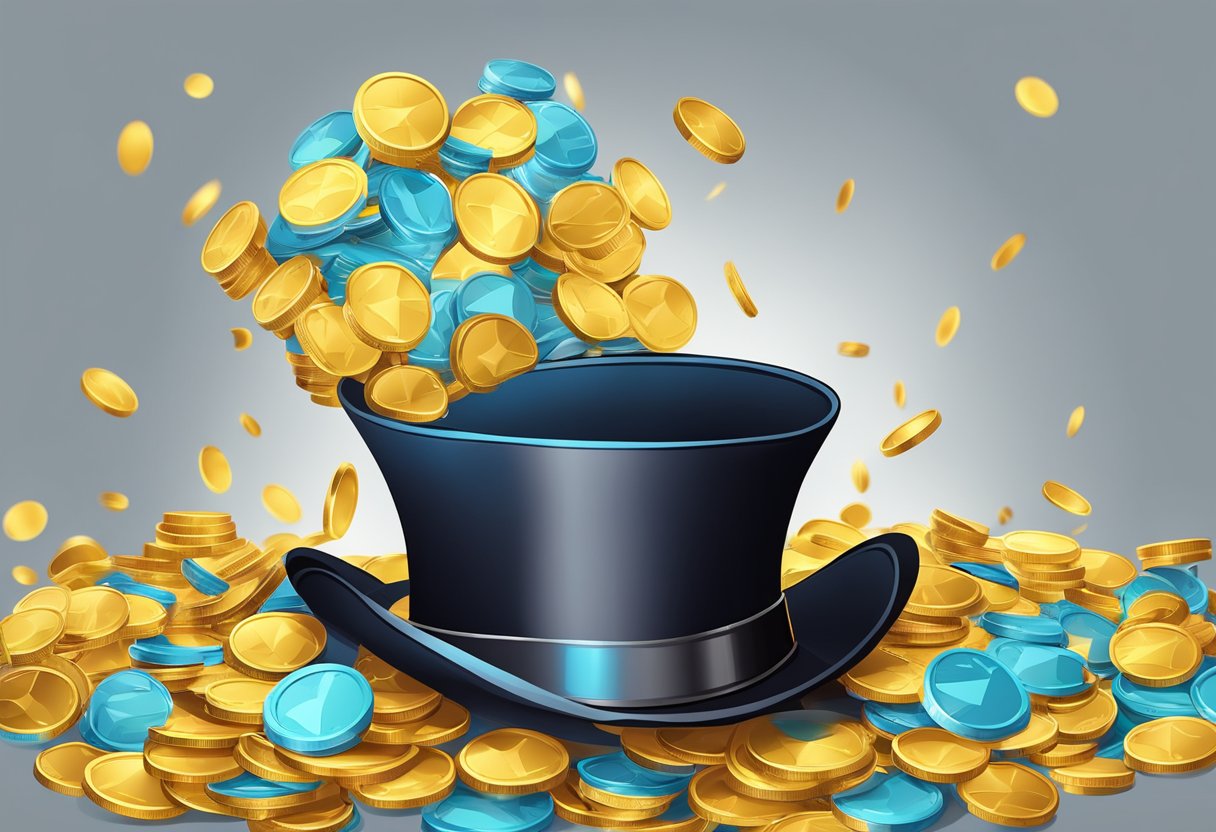 A stack of colorful coins tumbling out of a magician's top hat