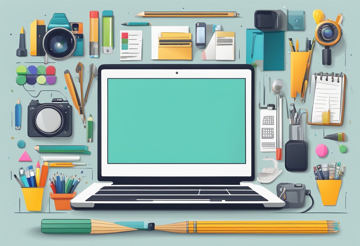 A laptop surrounded by various creative tools and symbols of different freelance jobs, such as a camera, paintbrush, microphone, and writing utensils