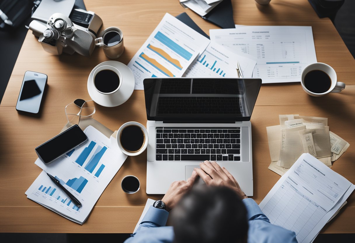 A person researching investment options at a cluttered desk with a laptop, financial charts, and a cup of coffee