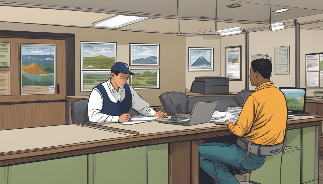 A person filling out a hunting license application at a government office counter, while a staff member provides guidance