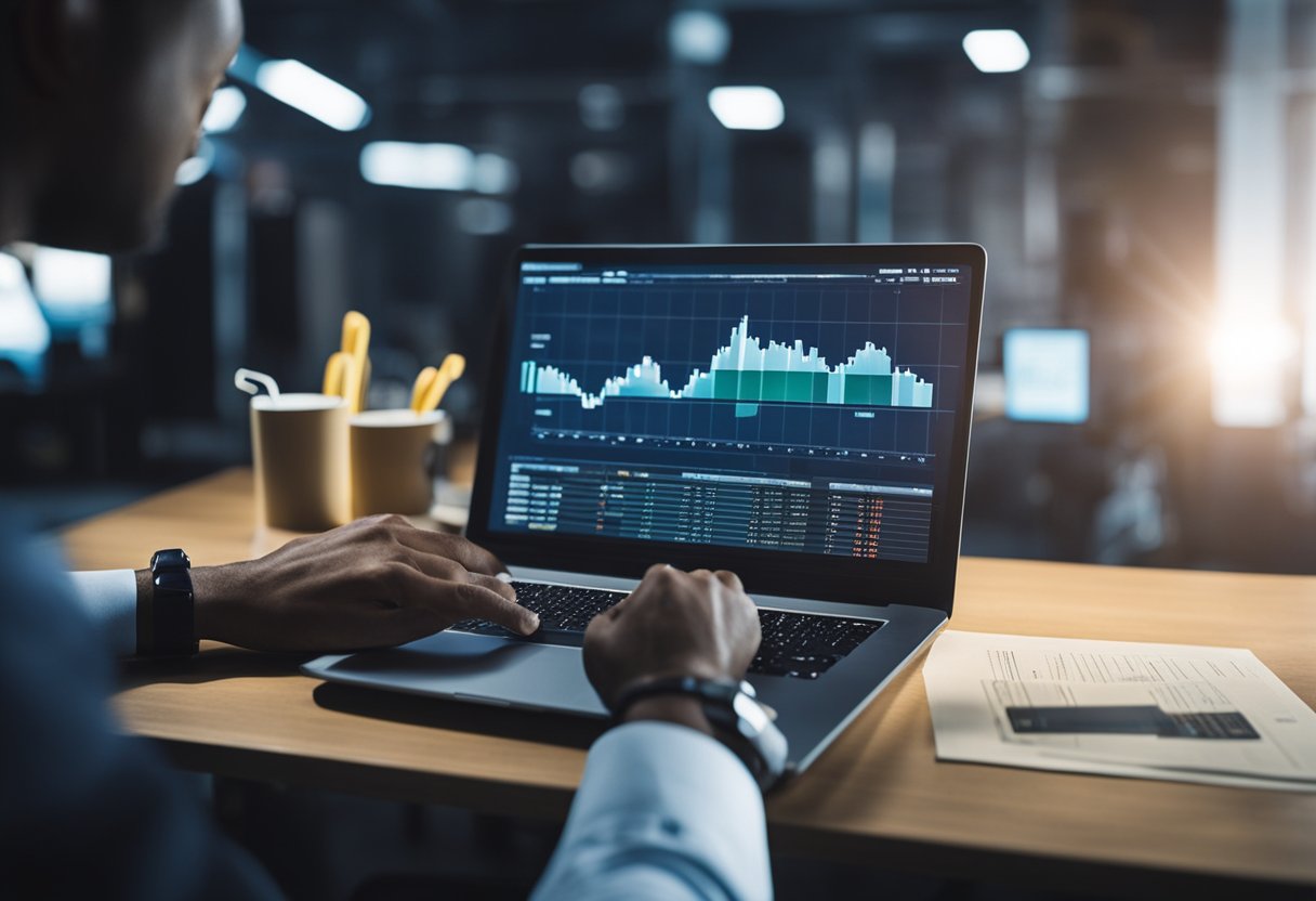 A person using a laptop or smartphone to research and invest in stocks, with financial charts and graphs displayed on the screen