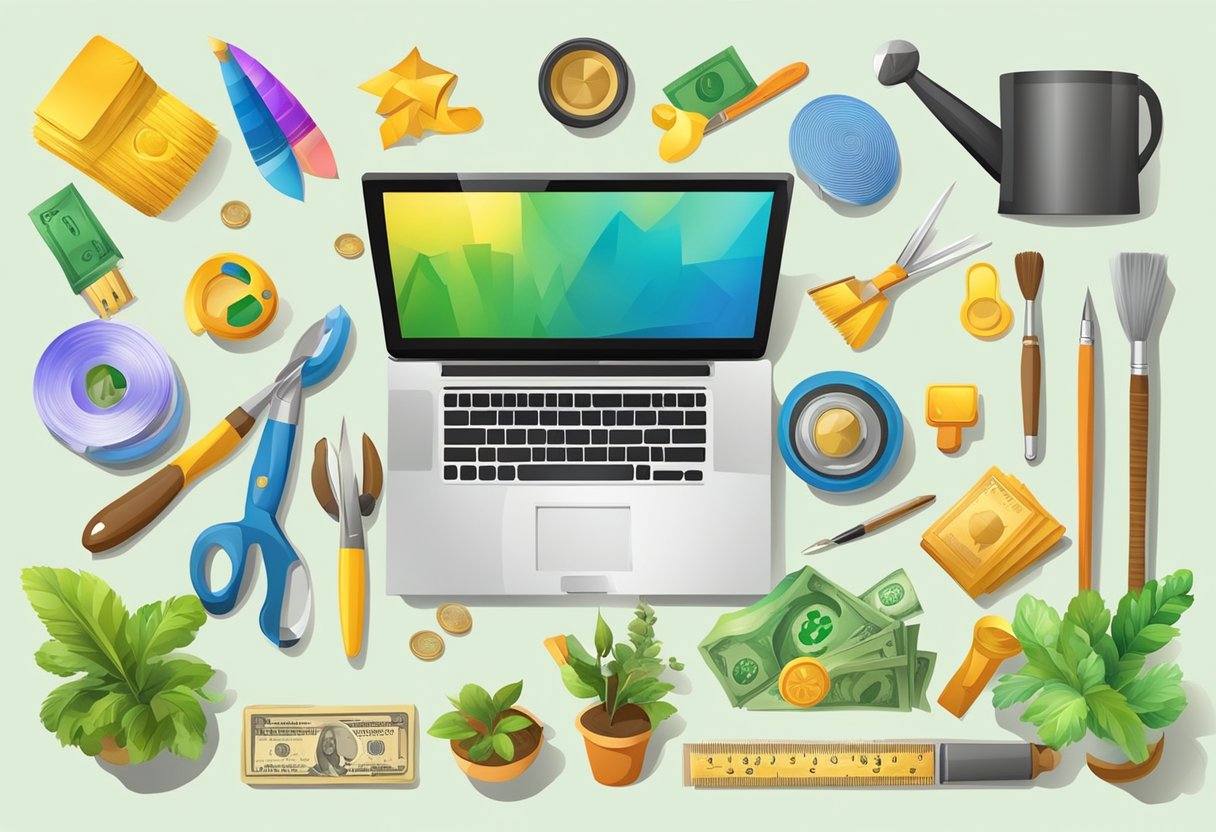 A colorful array of objects and symbols representing various money-making opportunities, such as a paintbrush, computer, gardening tools, and musical instruments