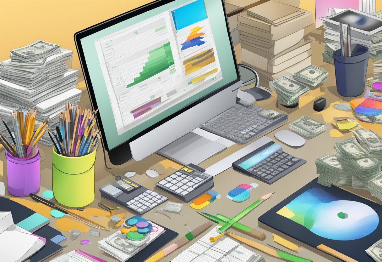 A desk covered in art supplies, a computer with editing software, and a stack of cash and coins