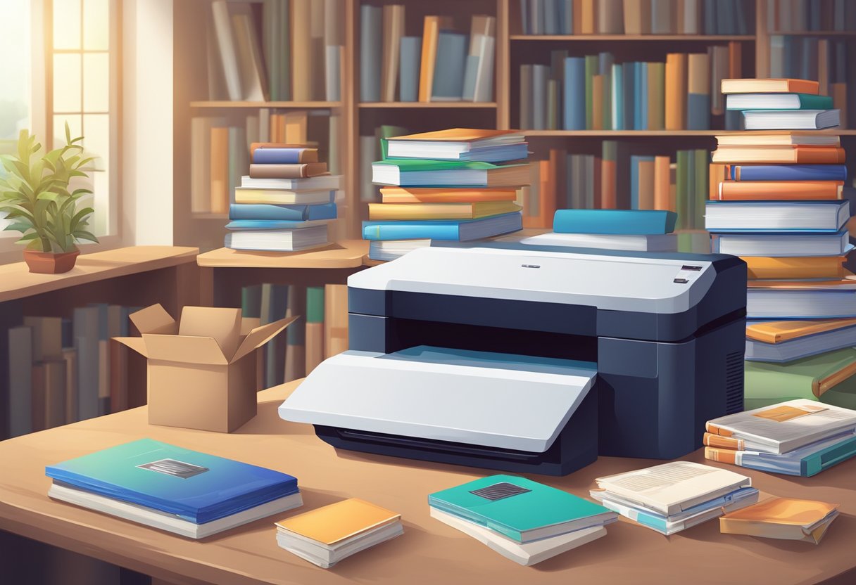 A stack of printed books and a pile of packaged products on a table, with a printer and shipping boxes in the background