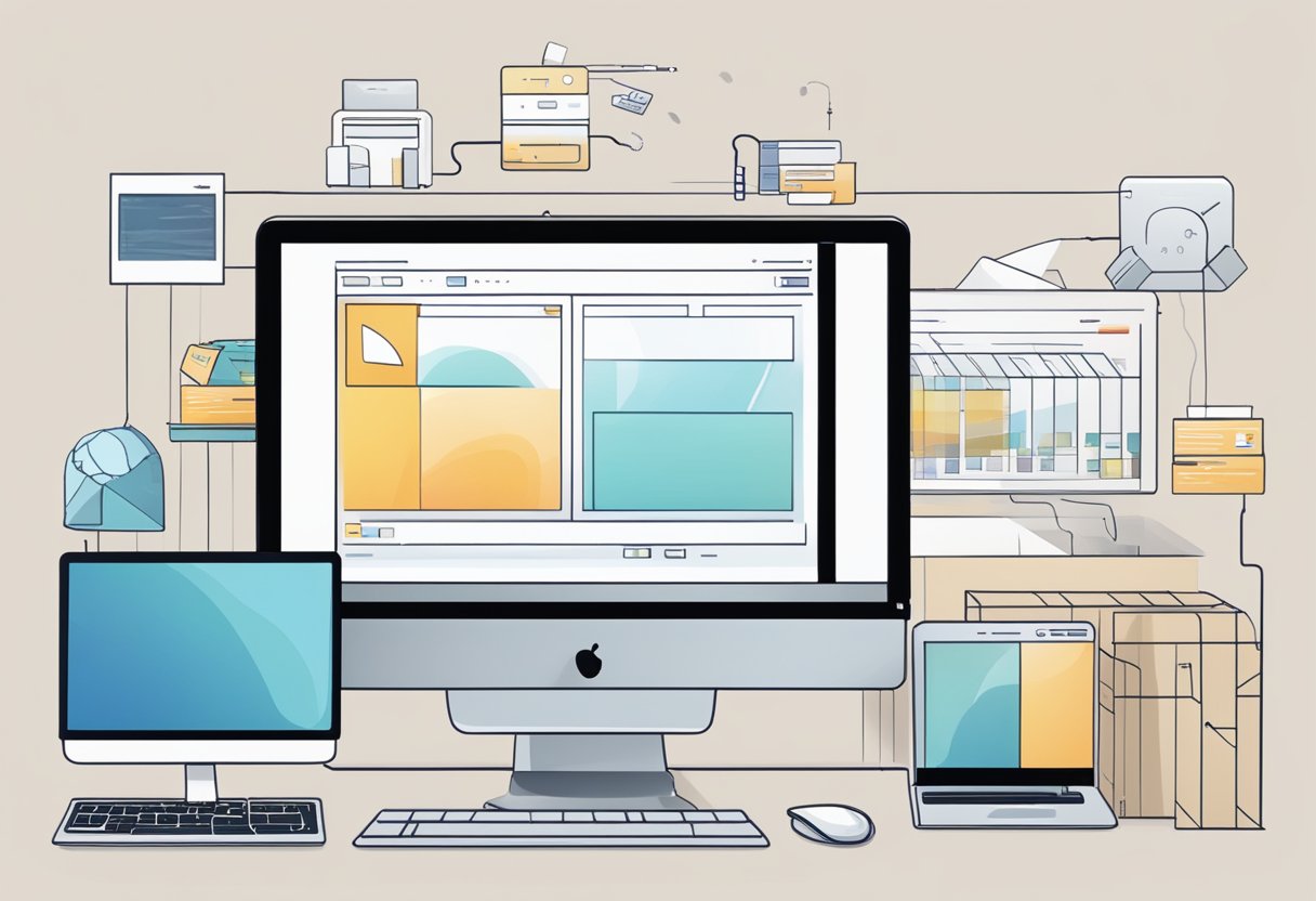 A computer with a split screen showing a print-on-demand process on one side and a dropshipping process on the other