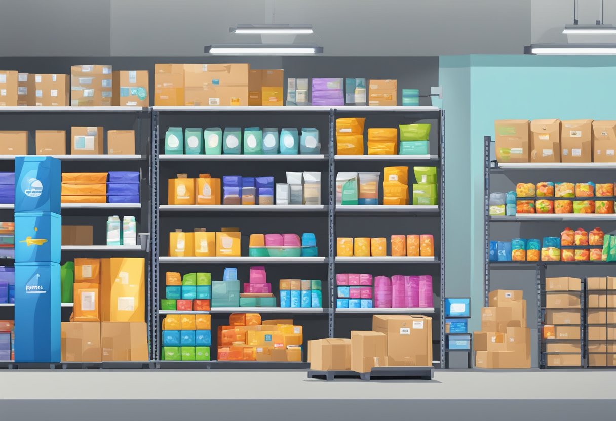 A colorful array of products fills a warehouse, with labels and packaging featuring various customization options. A print-on-demand machine sits next to shelves of pre-packaged items for dropshipping