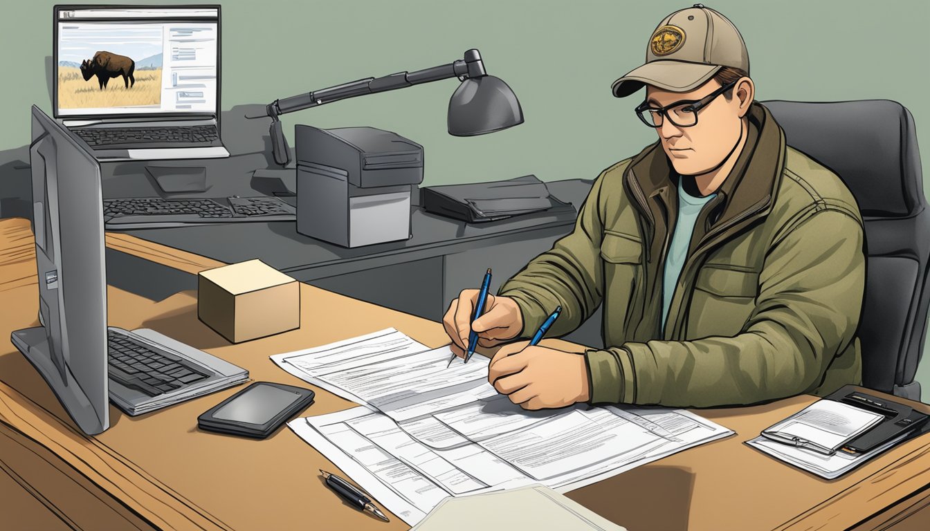 A hunter filling out a Wyoming hunting license application at a desk with a computer, pen, and paperwork