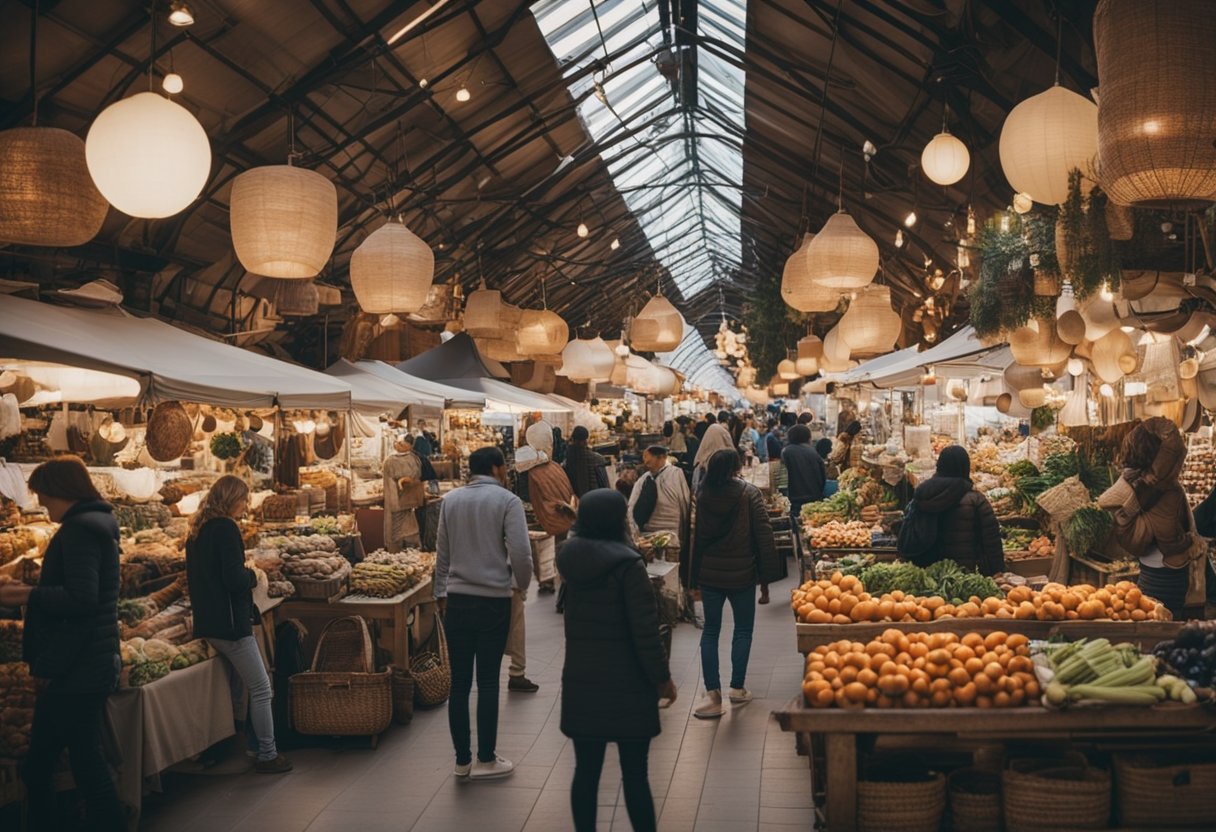 A busy marketplace with various vendors selling handmade crafts, fresh produce, and unique items. Customers are browsing and making purchases