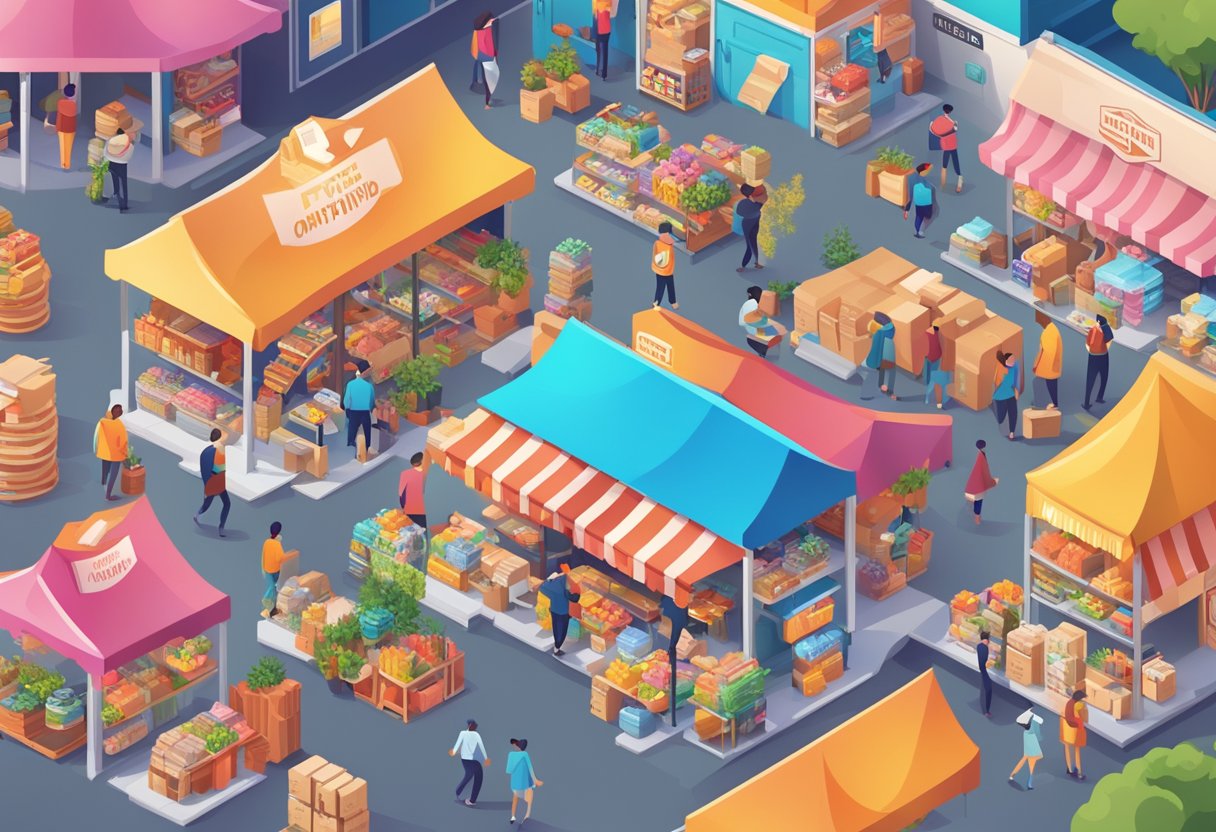 A bustling marketplace with two distinct sections: one filled with print on demand products, the other with dropshipped items. Each section is adorned with vibrant branding and marketing materials