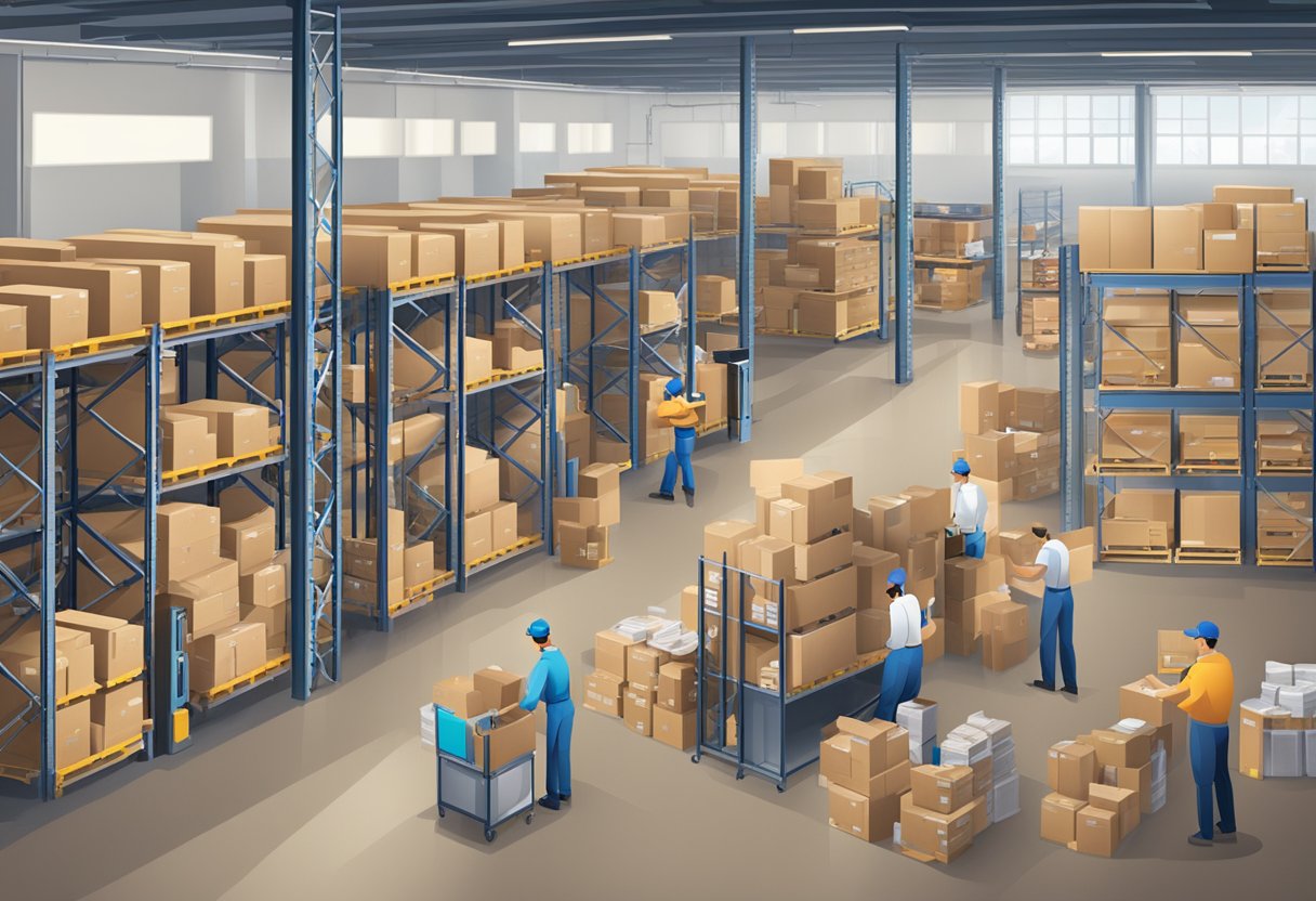 A busy warehouse with shelves of printed products and a separate area for packaged dropshipped items, with workers fulfilling orders