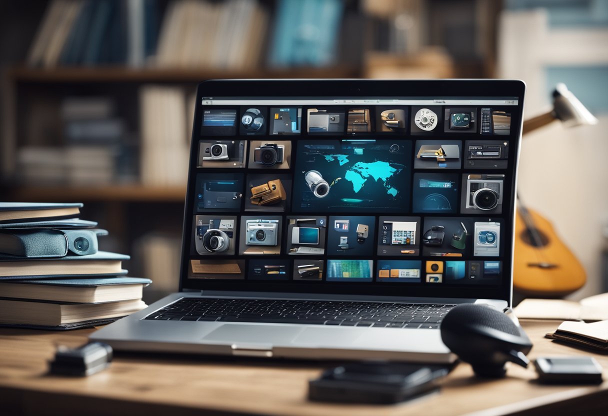 A laptop surrounded by various items representing different side gigs, such as a camera, a paintbrush, a microphone, and a stack of books