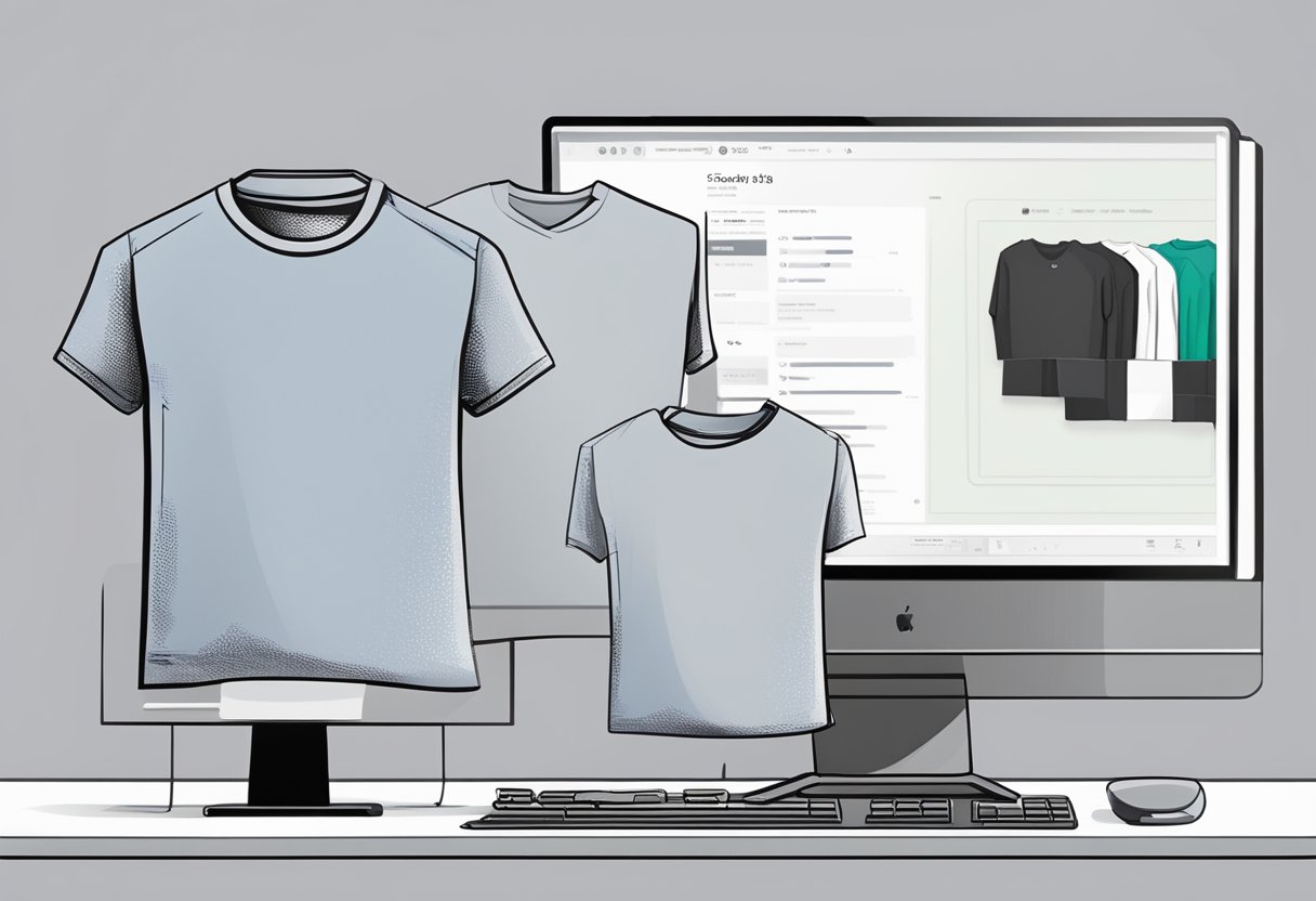 A stack of blank t-shirts with a price tag next to a computer screen showing the Printify website