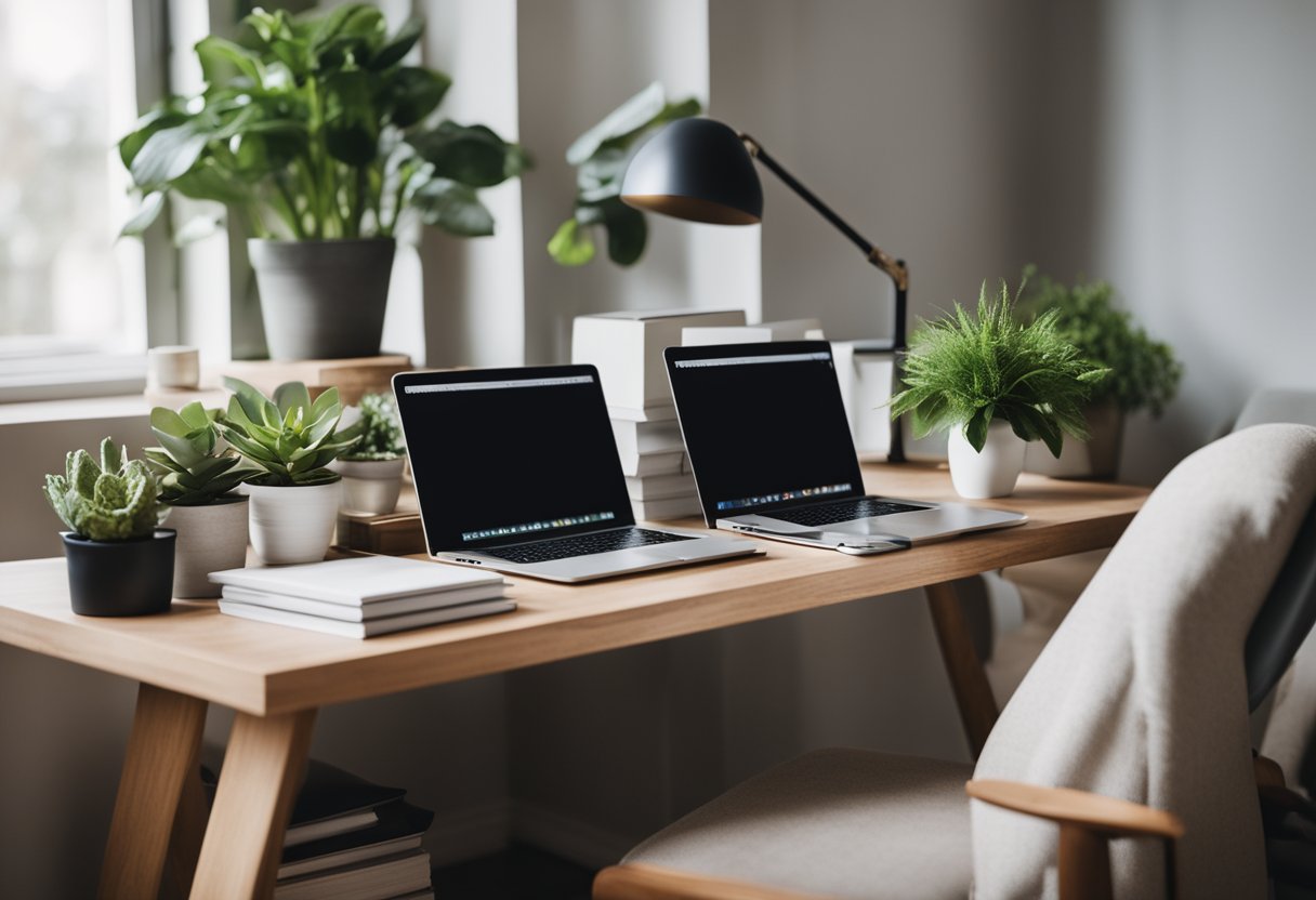 A cozy home office with a laptop, desk organizer, and potted plants. A stack of books on entrepreneurship and a calendar with marked deadlines