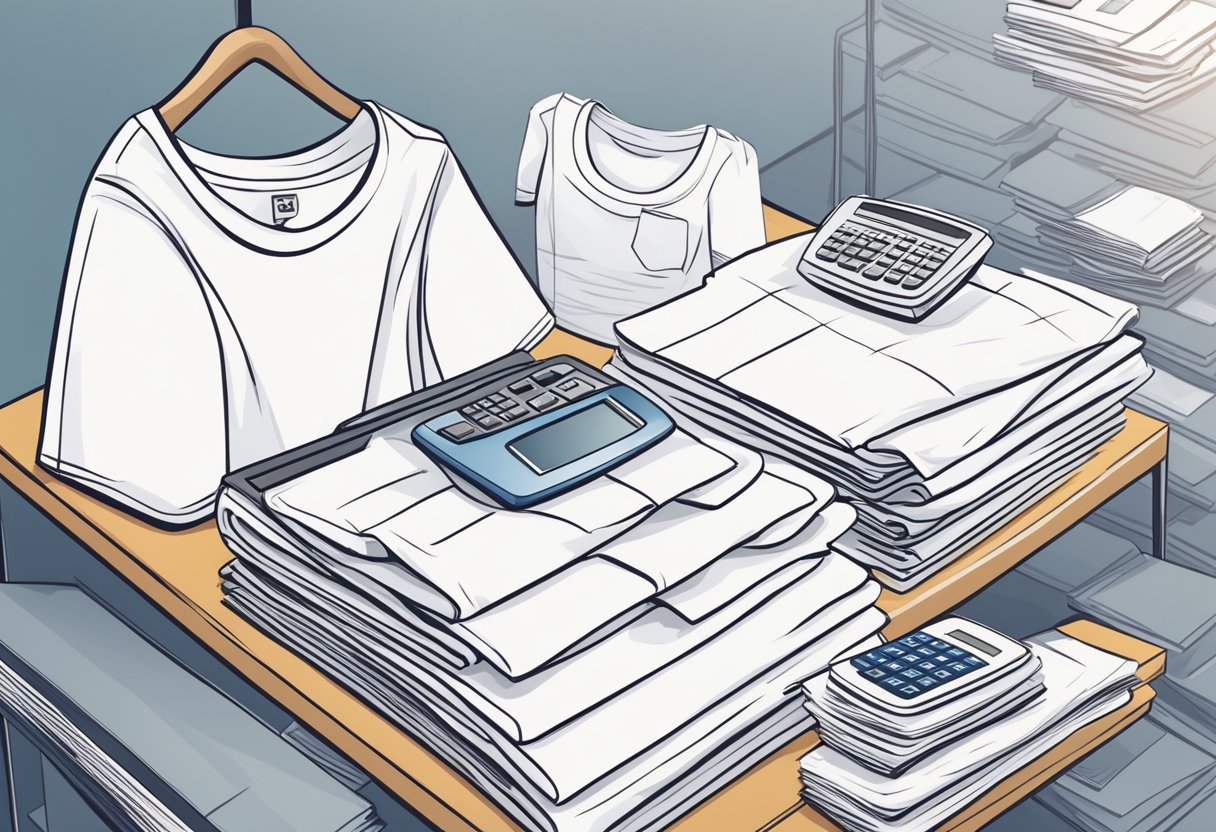 A stack of blank t-shirts with a price tag next to each one, surrounded by a calculator and pricing charts