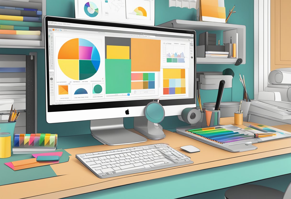 A computer screen with design tools, color palettes, and t-shirt templates open