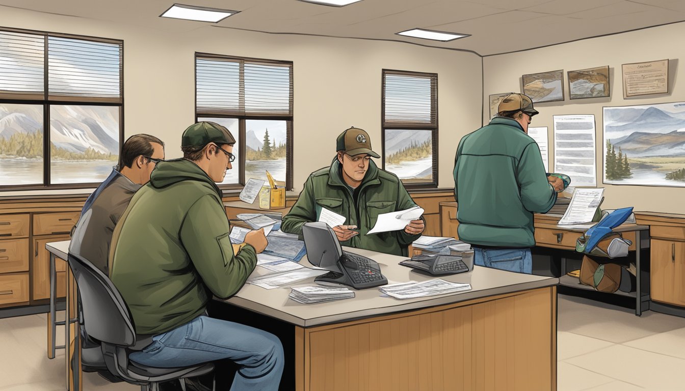 A hunter filling out paperwork at a Wyoming Game and Fish Department office, with various license types and fees displayed on the wall