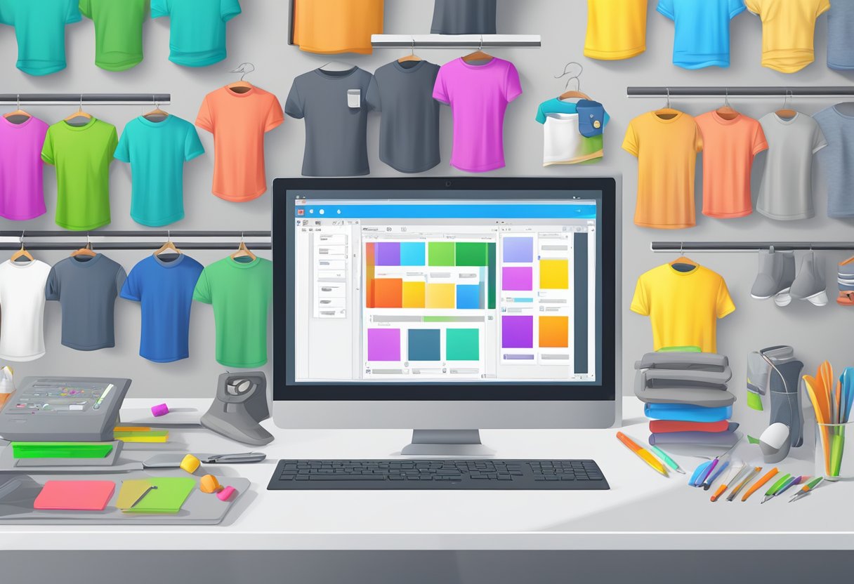 A computer screen displaying t-shirt design software with a variety of tools and options