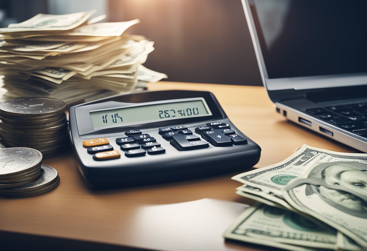 A cluttered desk with a laptop, calculator, and financial documents. A stack of cash and a piggy bank sit nearby