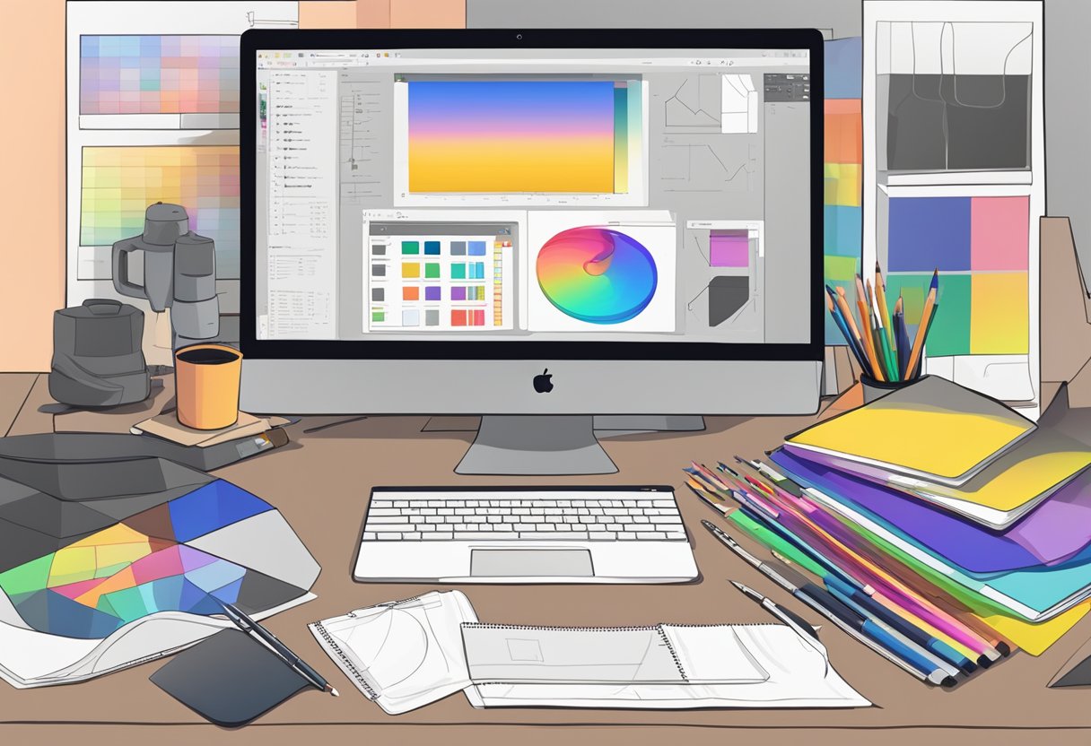 A computer screen with T-shirt design software open, surrounded by drawing tablet, color palette, and sketchbook