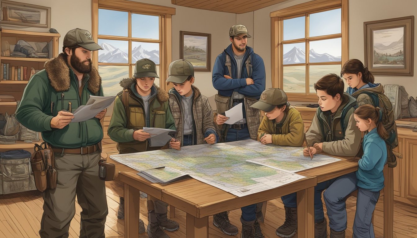 A group of young hunters gather around a table, studying a step-by-step guide to obtaining a hunting license in Wyoming. A map of the state and various hunting gear are scattered around the room