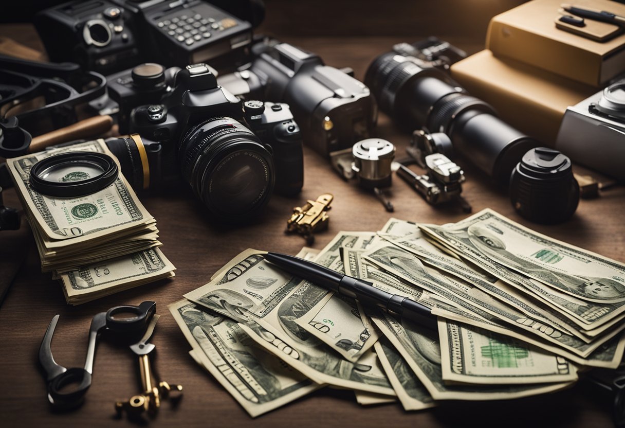 A stack of money envelopes surrounded by various tools and equipment, symbolizing profitable side gigs