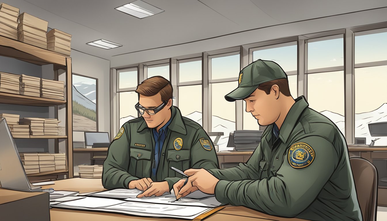 A hunter filling out paperwork at a Wyoming Department of Game and Fish office, with a wildlife officer assisting